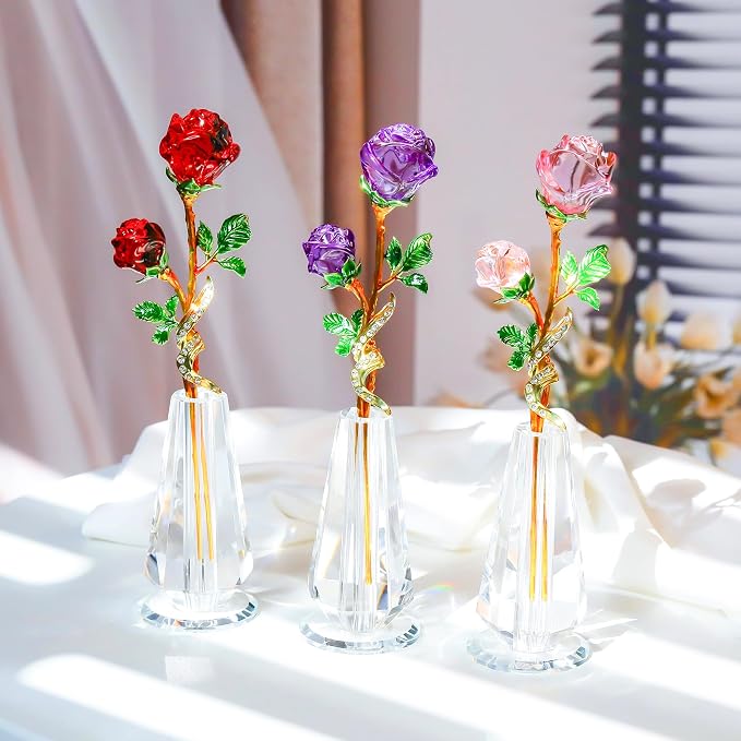 YWHL Handmade Purple Rose Flower Crystal Figurine with Vase, Bouquet Glass Flowers Ornament Rose Gifts for Wife Women, Crystal Flower Home Table Decor for Anniversary Mother's Day Wedding