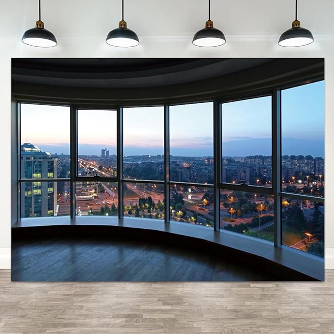 10x6.5ft Office Backdrop Window City View Photography Background Sunset Business Buildings Wooden Floor Online Meeting Urban Banner Decorations Video Conference Portrait Photo Booth Prop