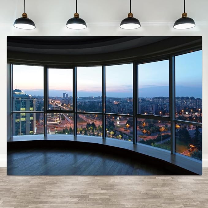 15x10ft Office Backdrop Window City View Photography Background Sunset Business Buildings Wooden Floor Online Meeting Urban Banner Decorations Video Conference Portrait Photo Booth Prop