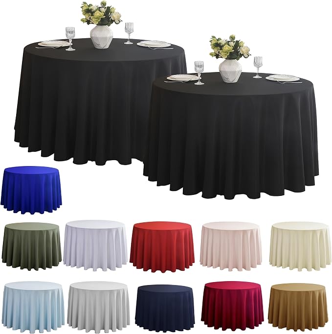 2-Pack Round 90-inch Black Table Cloths, Solid Stain and Wrinkle Resistant Circular Tablecloth, Premium Plain Weave Polyester Fabric Table Linen Covers for Hotel, Banquet
