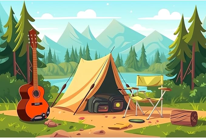 Cartoon Camping Backdrop Mountain Forest Lake Scenery Outdoor Campfire Photography Background Camper Tent Theme Birthday Party Backdrop Climbing Hiking Sign Guitar Backpacks Background 10x6.5ft
