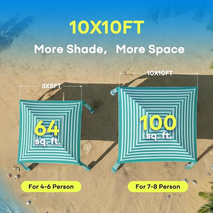 Gorich Beach Cabana with UPF50+ UV Protection, 8x8 FT/10x10 FT Beach Canopy Tent with Side Wall, Easy Setup, Windproof Portable Sun Shelter Shade for Family