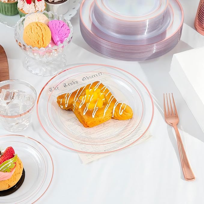 GATHER 350PCS Rose Gold Plastic Plates - Disposable Rose Gold Dinnerware Includes 100 Clear Rose Golds Rimmed Plastic Plates, 150 Silverware, 50 Napkins, 50 Cups for Party, Wedding, Baby Shower