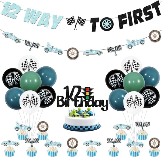 Vintage Race Car Themed Half Birthday Party Decoration 1/2 Way to First Banner Retro Race Car Garland Half Birthday Cake Cupcake Toppers Latex Balloon for Retro Let's Go Racing 6 Months Birthday Party