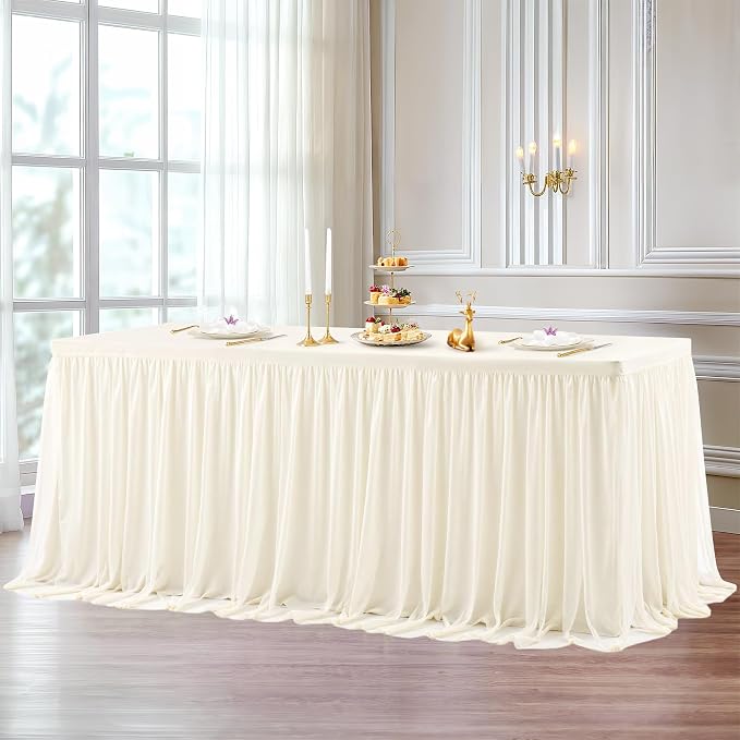 2-in-1 Ivory Tablecloths for 6 Foot Rectangle Tables with Tulle Table Skirt Wedding Table Cover Stretchy Fitted Ruffle Tutu Tablecloth for Baby Shower Reception Birthday Parties Celebration Banquet