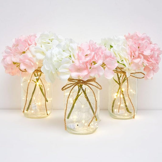 4 Sets Mason Jar with Lights Pink and White Hydrangea Decorative Pink White Centerpieces for Tables Mason Jars Flowers Decorations LED Farmhouse Vase for Home Wedding Event Party Decor