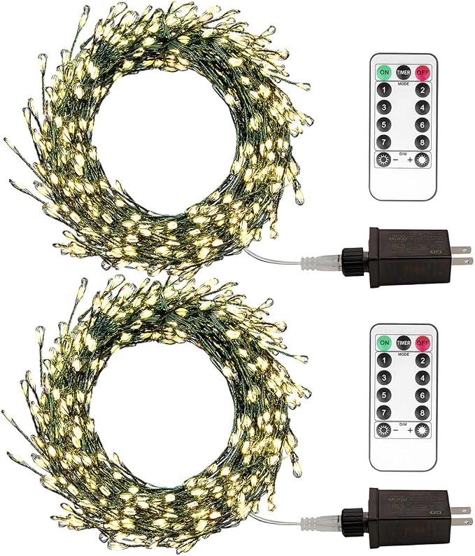 Firecracker Fairy Lights Plug in,2 Pack 20ft 200LEDs Green Wire Cluster String Lights,8 Modes Remote Twinkle Light for Outdoor Indoor Garden Bedroom Christmas Tree Holiday,Warm White