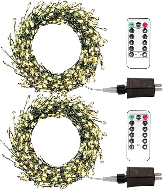 Firecracker Fairy Lights Plug in,2 Pack 20ft 200LEDs Green Wire Cluster String Lights,8 Modes Remote Twinkle Light for Outdoor Indoor Garden Bedroom Christmas Tree Holiday,Warm White