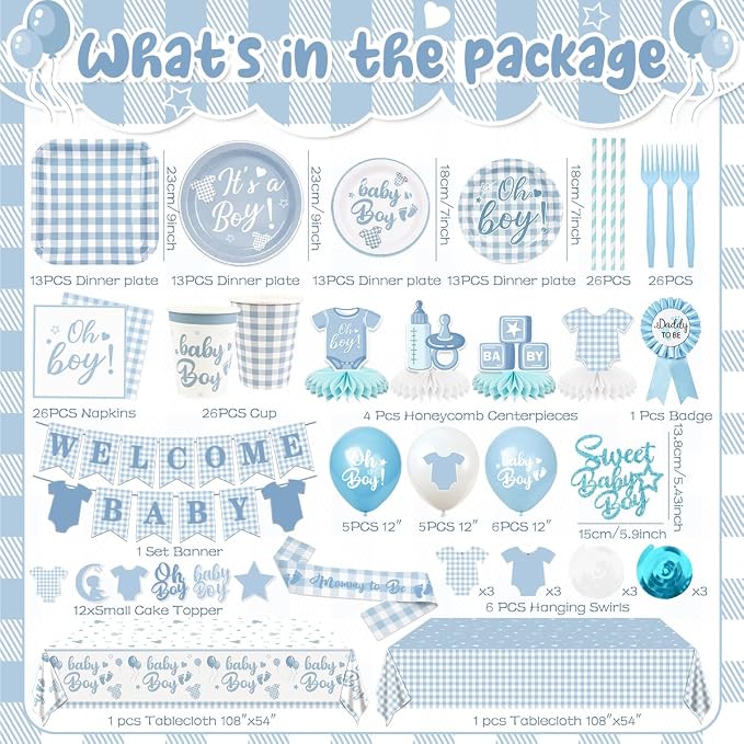 Blue Baby Shower Decorations Boy Blue Gingham Welcome Baby and Body Cloth Banner Plates Napkins Cups Sash Centerpieces Hanging Swirls Tablecloth Cake Topper Balloon Baby Boy Baby Shower Party Decor