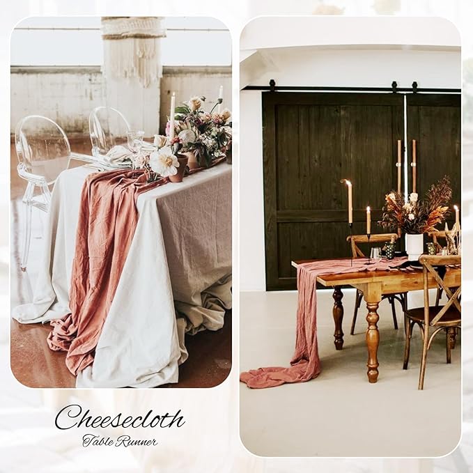 10 Pack Cheesecloth Table Runner - Dusty Blush Gauze - 10FT Long Semi-Sheer - Boho or Rustic Wedding Table Decor for Arch Draping & Holidays