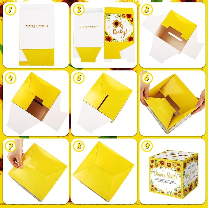 Teling 51 Pieces Diaper Raffle Tickets with Card Box Baby Shower Decorations Baby Shower Holder Box for Girl Boy Diaper Raffle Party(Sunflower)