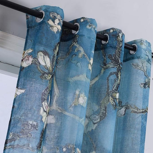 Taisier Home Apricot Blossom Sheer Curtains Printed,Vintage Blue Curtain Drapes for Bedroom/Nursery Elegant Decorative Curtains 2 Panels Set,Ring Top Style Print Drapes,52" W×63”L