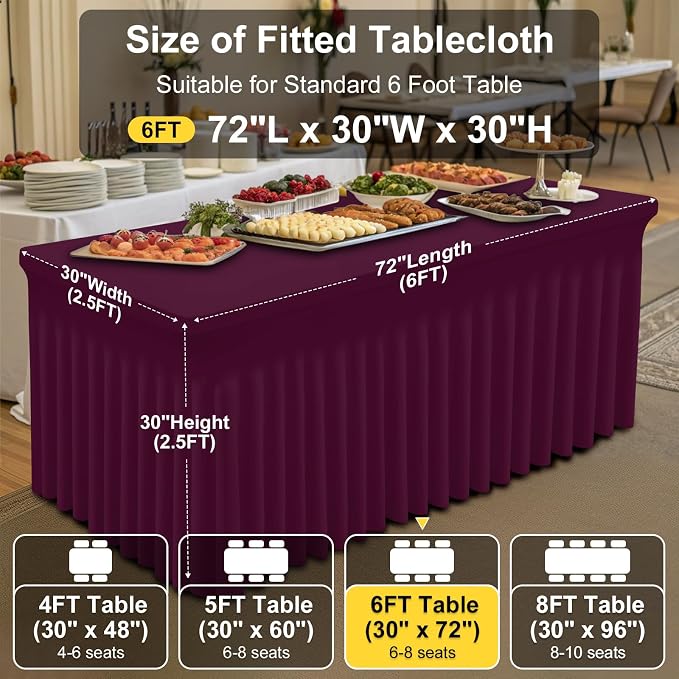 Smiry Spandex Tablecloth 2 Pack, Elastic Fitted Stretch Tablecloth for 6FT Rectangle Tables, Waterproof Washable Table Cover Skirt for Wedding, Banquet & Parties (Jujube Red, 72Lx30Wx30H Inch)