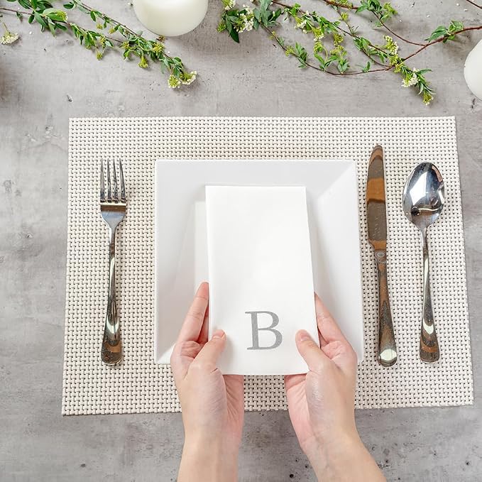 Luxenap 15.8 X 7.9 Inch Linen-Feel Guest Towels, 2000 Lettered Hand Towels - Silver Letter 'B', Sans Serif Font, White Paper Dinner Napkins, airlaid, For Restrooms And Tables - Restaurantware