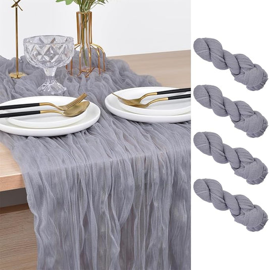 Joanlody Light Gray Cheesecloth Table Runner Spring Summer 10Ft Rustic Gauze Boho Cheese Cloth Table Runner for Wedding Bridal Baby Shower Decoration 4 Pack