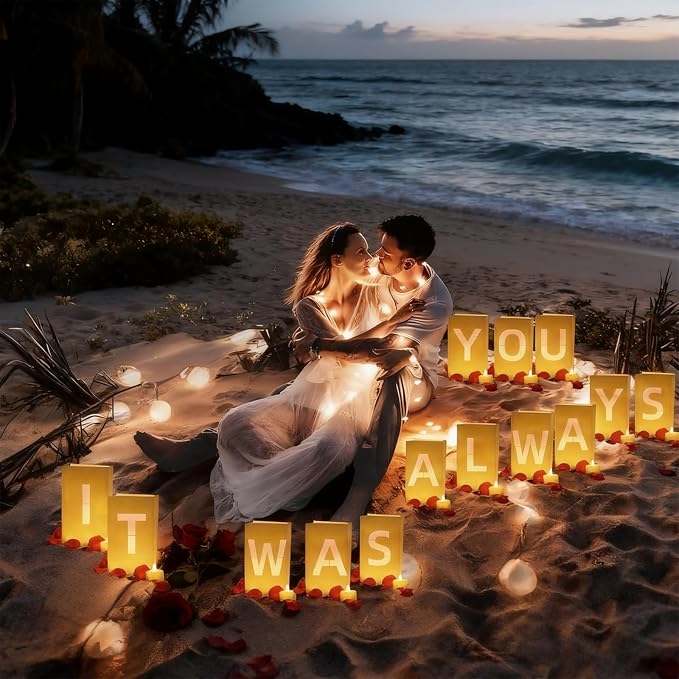 It Was Always You Decorations – Romantic Decoration Kit with Light Up Letters, 30 Tea Light Candles, 2000 Rose Petals, 10 Balloons – Luminary Bags for Anniversary Surprise