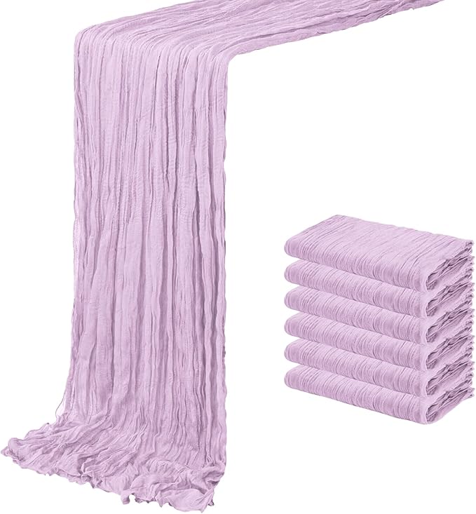 6 Pack Lavender Cheesecloth Table Runner 20 x 120 inch Gauze Table Runners 10 FT Long,Semi Sheer Boho Cheese Cloth Fabric Table Runner Bulk for Wedding,Party,Baby Shower,Bridal Shower Decoration