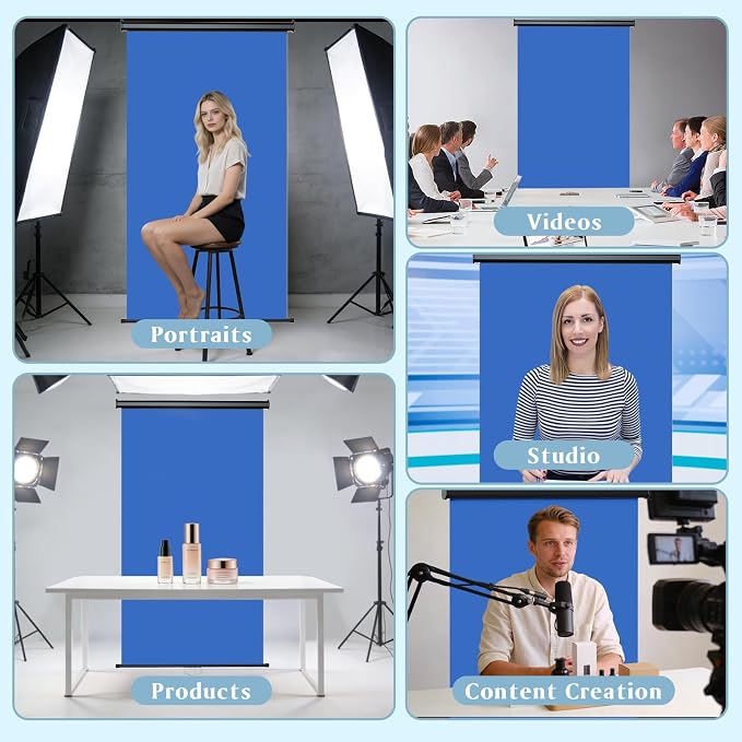 Retractable Blue Photography Backdrop 36" x 59", Portable Roll-Up, Pull-Down Background, Auto-Lock Backdrop Screen for Passport Photo, Product Photography, Headshots, Video Studio