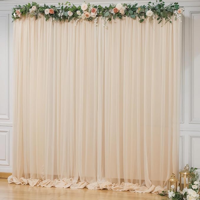 10x10ft Champagne Tulle Backdrop Curtain for Parites, Semi-Sheer Backdrop Curtains for Wedding Baby Shower Birthday Party Photo Shoot Decorations