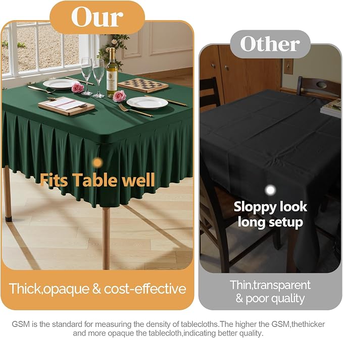 Wish Care Hunter Green Spandex Tablecloths for 60x60 Inch Square Tables, Stretch Fitted Table Clothes with Pleated Ruffle Skirt for 60” Table, Wrinkle Free and Elastic, for Party Kitchen Home Dining