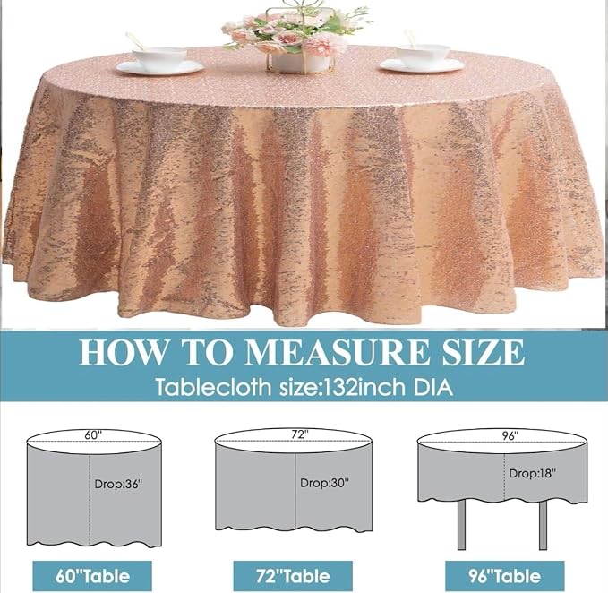Sequin Tablecloth for Parties 132 Inch - Sparkle Glitter Cloth Round Table Cover Overlay for Wedding Baby Shower Ceremony Birthday Cake Table Holiday Banquet Decoration(Rose Gold)