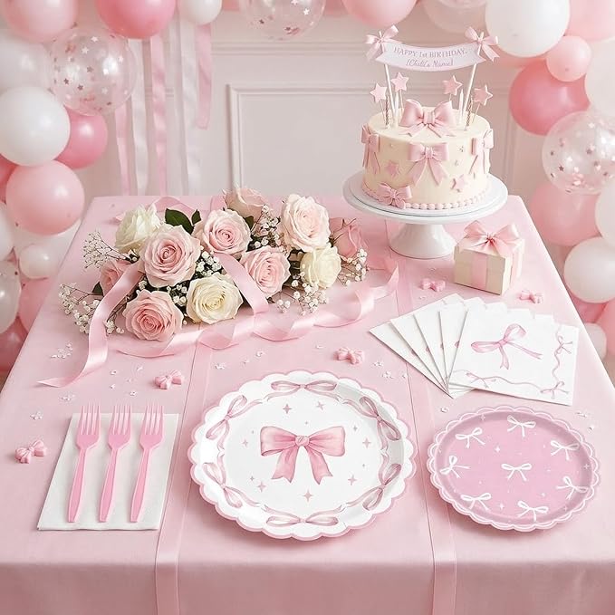 Pink Bow Party Supplies Set for 24 Guests, 96PCS Pink Disposable Tableware Set Includes Plates, Napkins & Forks, Aesthetic Baby Shower Birthday Bridal Shower Girl Party Decorations