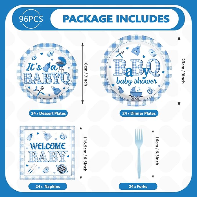 Grencian 96PCS BBQ Baby Shower Decorations It’s A BabyQ Party Plates Disposable Blue BBQ Party Tableware Set for Boys Barbecue Themed Baby Shower Gender Reveal Picnic Birthday Party, Serves 24