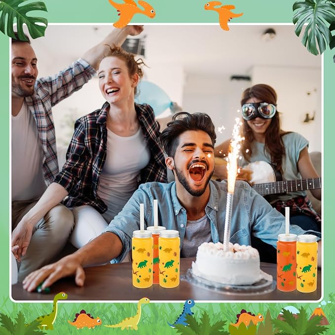 Skylety 12 Set 14 oz Dinosaur Themed Plastic Cup with Straw and Lid Cute Disposable Cups Bulk Dino Party Favors Drinking Mason Jars Tumbler for Birthday Supplies Juice Beverage Smoothie(Green Yellow)