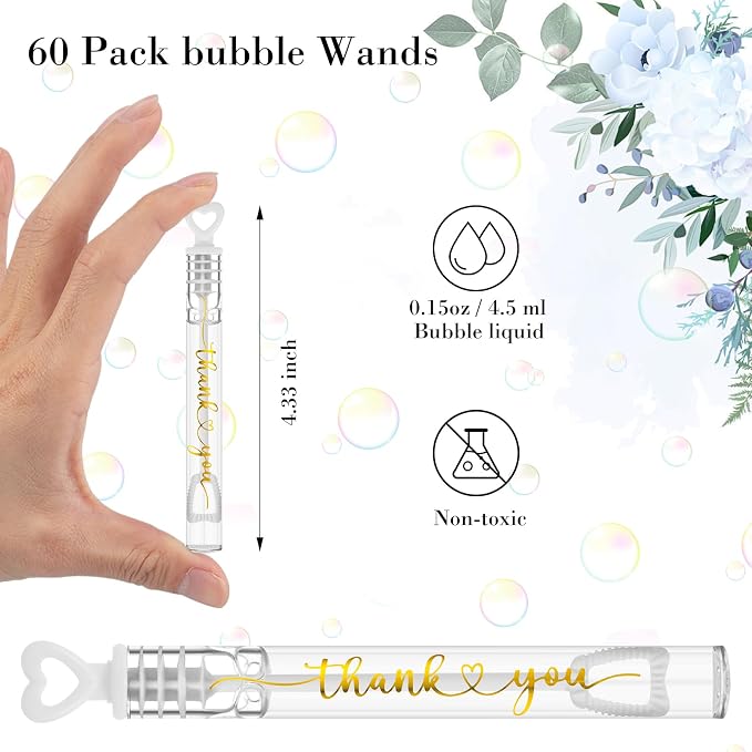 Hollowfly Wedding Mini Bubble Wands for a Wedding Bulk Heart Bubble for Guests Send Off Wand Adults Bridal Shower Party Supplies Valentine Anniversaries Celebration(60 Count,White Gold,Thank You)
