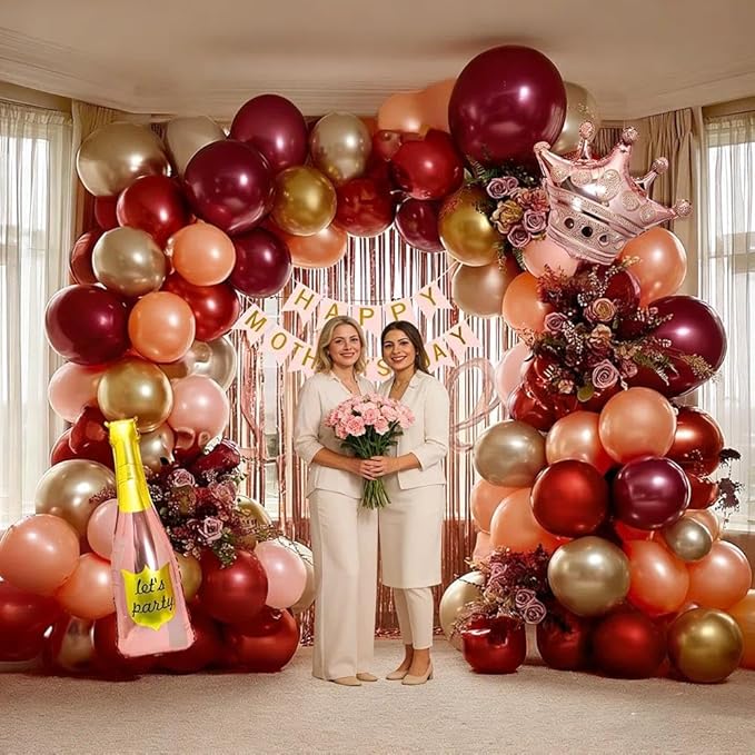 Burgundy Birthday Decorations, Double Stuffed Dark Red Pink Gold Pearl Balloons Happy Birthday Banner Fringe Curtain Foil Balloons for Women Girls Birthday Mother's Day Bridal Shower Party Supplies