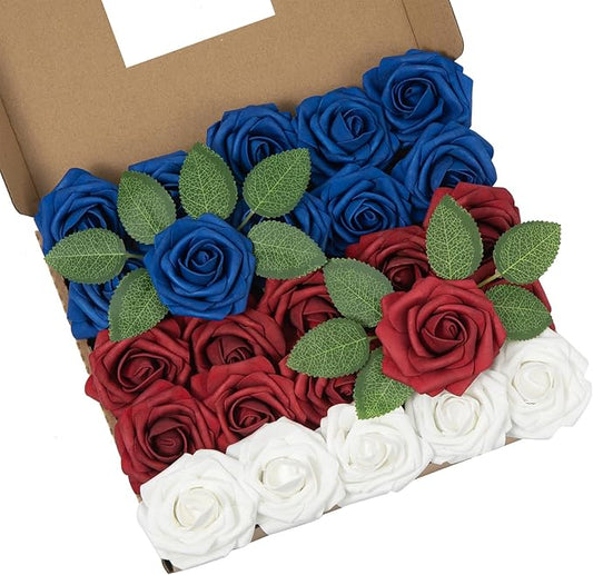 DuHouse 25Pcs Artificial Roses Flowers Fake Rose with Stems Real Touch Foam Flowers for DIY Wedding Bouquet Party Centerpiece Floral Arrangement Party Home Decor(Blue White Red)