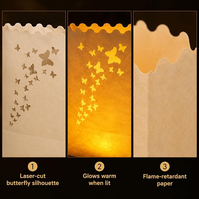 AceList 50 Butterfly Luminary Bags with 50 Flameless LED Tea Lights | Butterfly cutout, warm flickering amber light, reusable & flame-free, for weddings, garden parties, walkways & outdoor decor