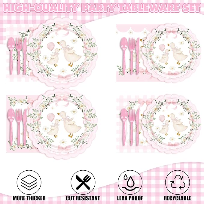 Zhehao 350 Pcs One Silly Goose Birthday Party Tableware Set Scalloped Pink Floral Baby Shower Plates Cup Napkins Forks for Birthday Party Decorations Supplies for 50 Guests