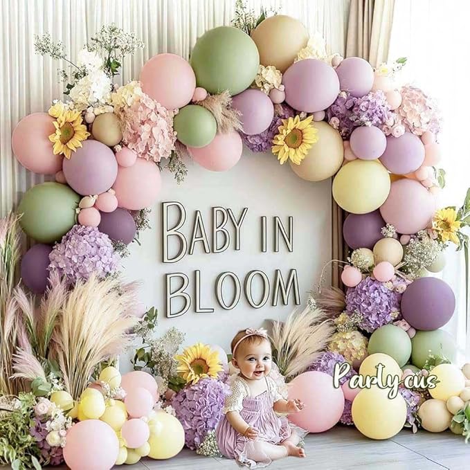 Purple Green Pink Balloon Arch Double Stuffed Dusty Green Lavender Light Yellow Sand Latex Pastel Lilac Balloon Garland Kit for Baby Shower Wedding Birthday Easter Floral in Bloom Party Decoration