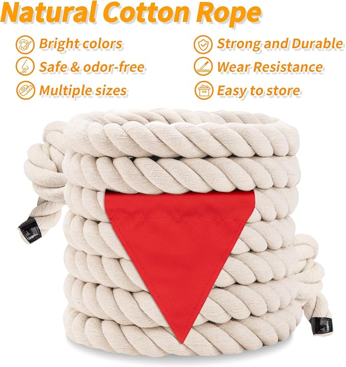Tug of War Rope for Kids & Adults - 1in x 45ft Soft Cotton Outdoor Pulling Rope with Flag for Team Building Activities Field Day Family Reunions Birthday Parties Camping Games - Beige
