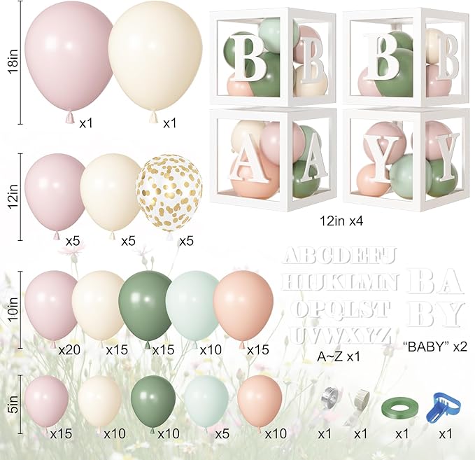 153Pcs Pink and Sage Green Balloon Arch Kit, Baby in Bloom Baby Shower Decorations for Girl Boxes with Letters (A-Z+Baby) for Boho Floral Baby Shower Birthday Gender Reveal Party Supplies