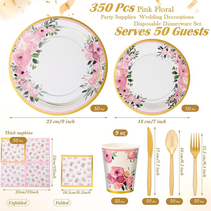 Ziliny 350 Pcs Floral Party Supplies Tableware Set Disposable 9'' 7'' Paper Plates 9 oz Cups Cutlery Napkins Dinnerware for Baby Shower Bridal Wedding 1st Birthday, Serve 50 (Floral, Rose Gold)