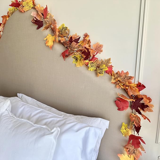 CQURE 16 Pack Fall Leaf Garland, 5.9Ft Autumn Garland Artificial Maple Leaf Fall Maple Leaves Hanging Vines Thanksgiving Decor for Home Christmas Fireplace Party
