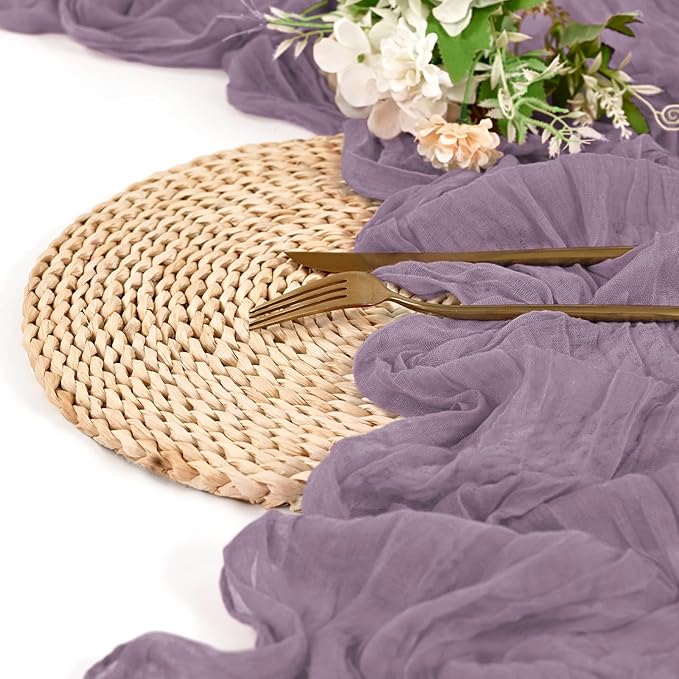 24 Pack Purple Cheesecloth Table Runner 10FT Boho Gauze Cheese Cloth Table Runner Rustic Sheer Fabric Table Runners for Wedding Bridal Shower Baby Shower Party(21.5×120 Inch)