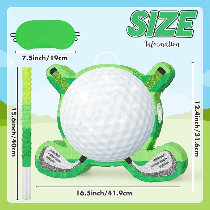 WERNNSAI Golf Piñata - Green Golf Ball & Club Shaped Piñata with Blindfold and Bat Sports Themed Birthday Party Decorations, Golf Party Supplies for Sports Celebration Favors(16.5" x 12.4" x 2.9")