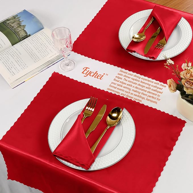 60 Pieces Red Satin Napkins 20x20 Inches Satin Cloth Napkins, Square Satin Napkins with Scalloped Edges, Elegant & Silky Table Napkins for Restaurant Banquet Wedding