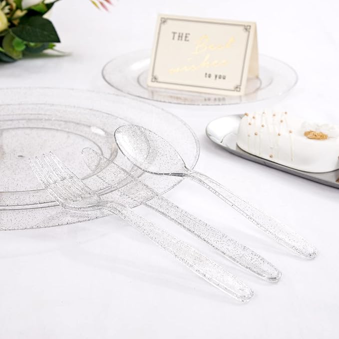 WDF 360 Silver Plastic Silverware- Disposable Silver Glitter Plastic Cutlery - Disposable Silverware including: 120Forks, 120Spoons, 120Knives for Christmas
