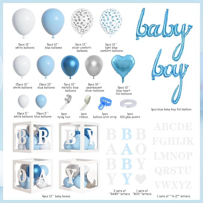 Amandir 137pcs Baby Blue Balloons Baby Shower Decorations for Boy with Baby Boxes, White Blue Balloon Arch Kit Baby Boxes with Letter (A-Z+Baby+Boy) for Boy 1st Birthday Gender Reveal Party Supplies