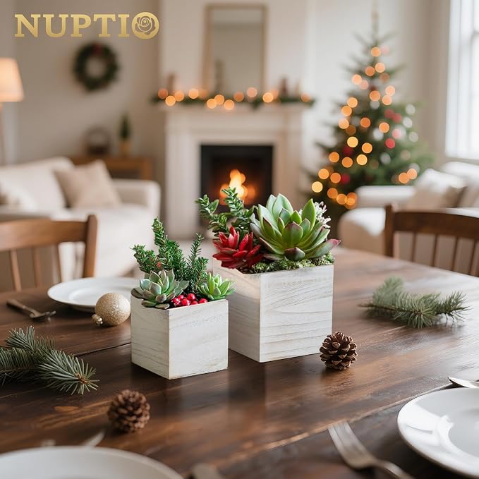 NUPTIO Wooden Box for Centerpiece Wedding: 12 Pcs Rustic Square Planter Box Farmhouse Table Fall Decor - 4×4" & 5×5" Whitewashed Small Wood Vases Flower Pots for Windowsill Home Garden