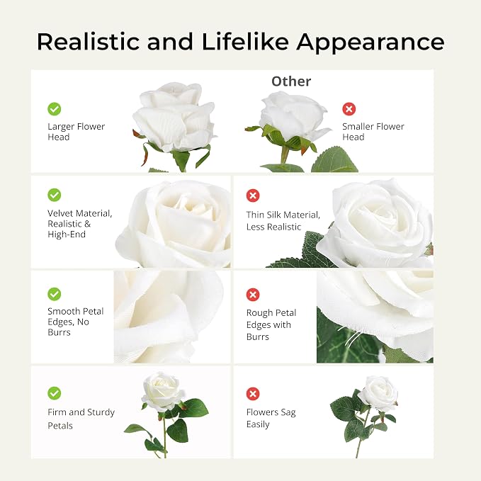 Auihiay 104pcs Roses Artificial Flower - Realistic White Fake Roses for Wedding Centerpieces, Table Decor, Valentine's Day, Mother's Day, and Home Party Decorations