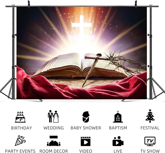 10x5ft Bible Crucifix Backdrop Christian Cross Photography Background Jesus Christ Crown of Thorns Opened Book Church Events Banner Decorations Easter Religious Portrait Photo Booth Prop