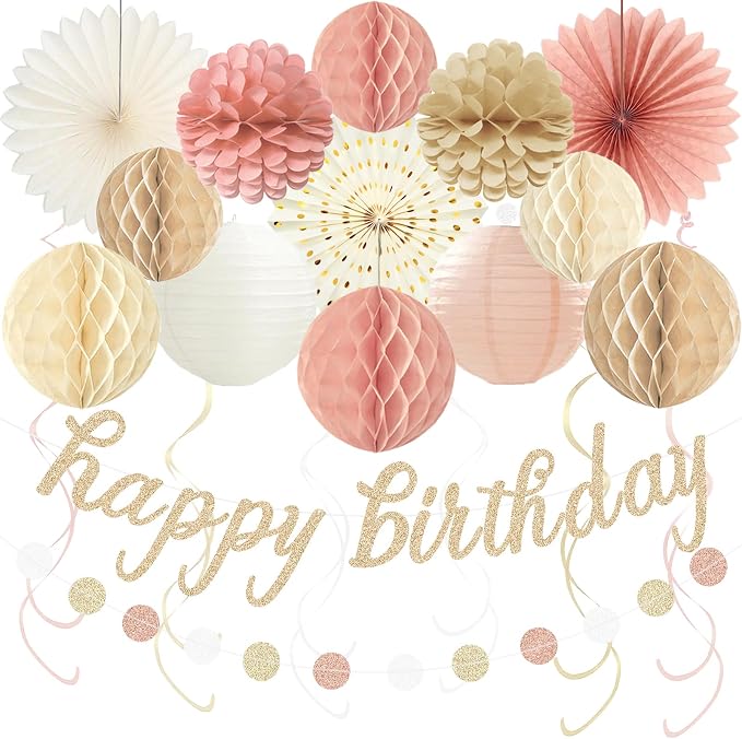 Boho Pink Happy Birthday Decorations for Women Girls, Pre-Strung, 24pcs | Happy Birthday Banner, Honeycomb Ball, Paper Flowers, Lanterns, Fans, Streamers, Dots Garland for Birthday Party Decorations