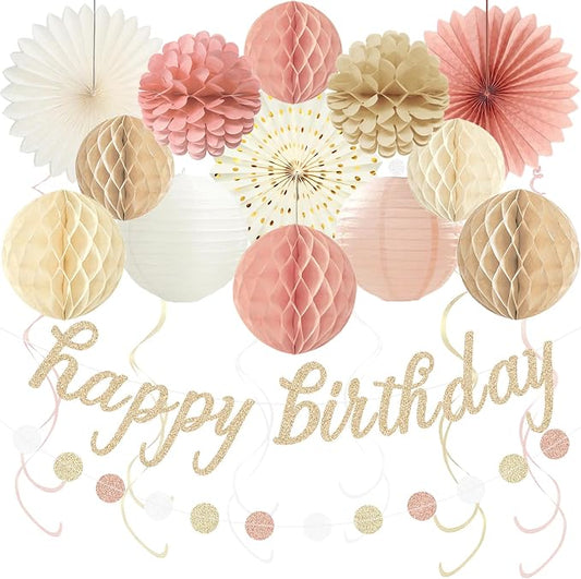 Boho Pink Happy Birthday Decorations for Women Girls, Pre-Strung, 24pcs | Happy Birthday Banner, Honeycomb Ball, Paper Flowers, Lanterns, Fans, Streamers, Dots Garland for Birthday Party Decorations
