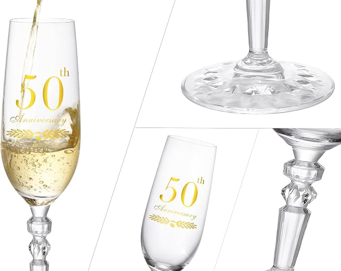 50th Anniversary Decorations Gifts for Couple, Classical Style 50th Wedding Anniversary Champagne Flutes Glasses, Crystal Champagne Glasses Set of 2, Gifts for Parents
