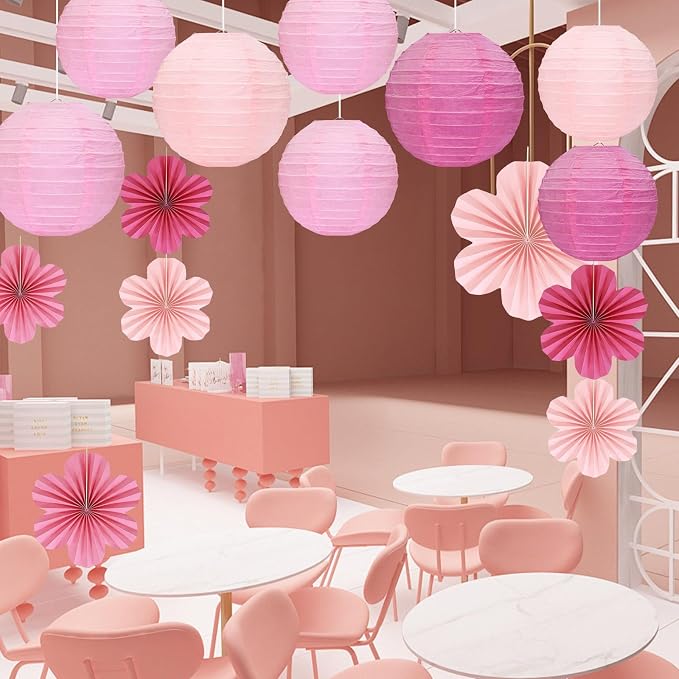 20 Pack Pink Paper Fans Hanging Ornaments,Paper Flowers Decorations For Wall Kit With 9Paper Lanterns 9Fan Flower& 2Party Tablecloths For Graduation Ceremony Wedding Party Decorations